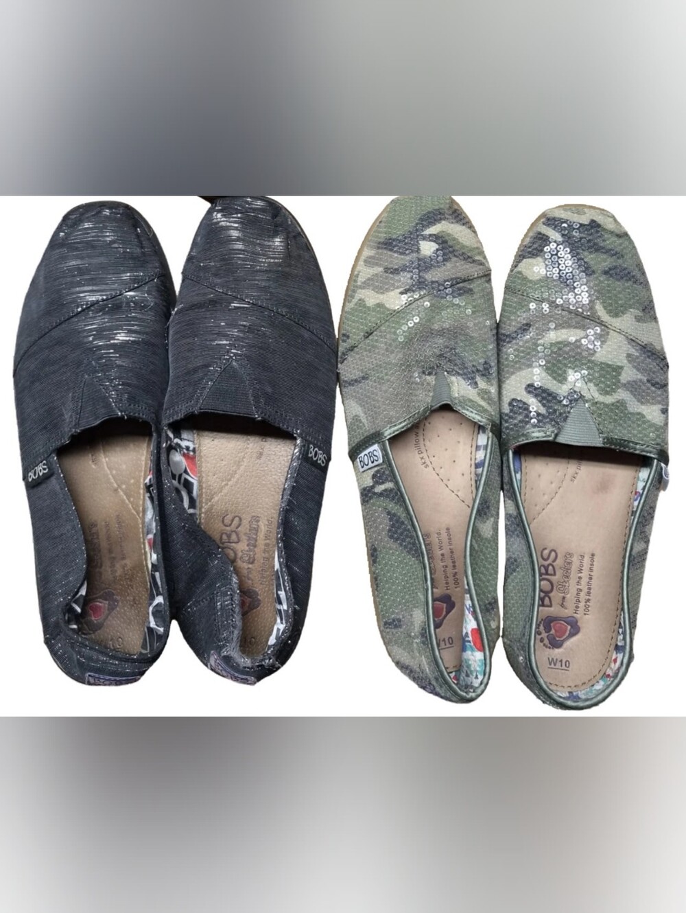 2 PR BOBS Slip-On Sequin Loafers Black and Camouflage Bobs By Skechers Size 10
